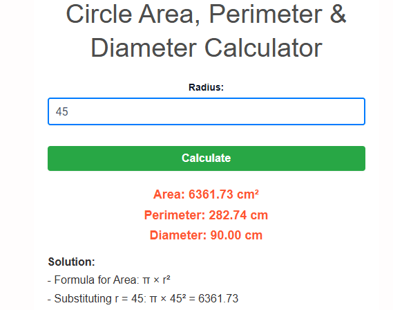 free circle area calculator example image