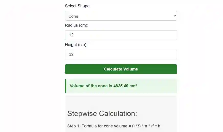 Volume Calculator for Cone example image