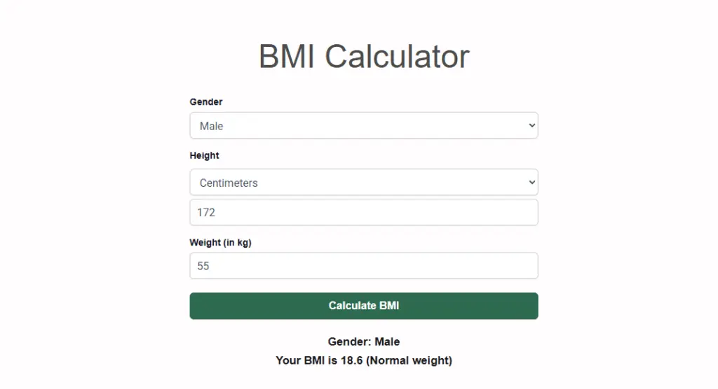 screenshot of how to use free bmi calculator